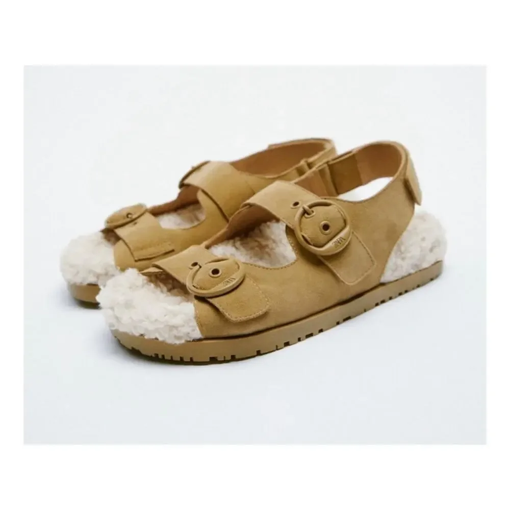 NWT Zara Leather Shearling Buckle Sling Back Flat Sandal Slipper Brown Cream 39 - Picture 1 of 8
